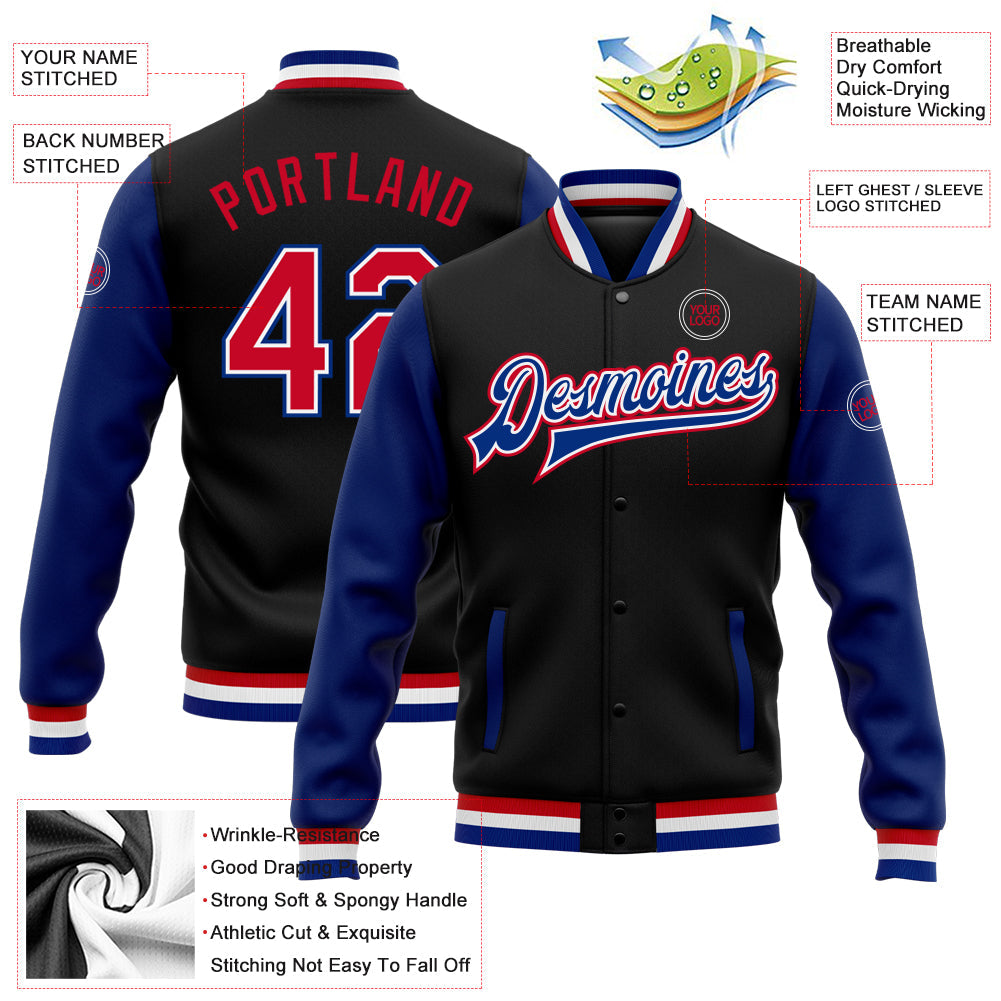 Custom Black Red-Royal Bomber Full-Snap Varsity Letterman Two Tone Jacket view 5