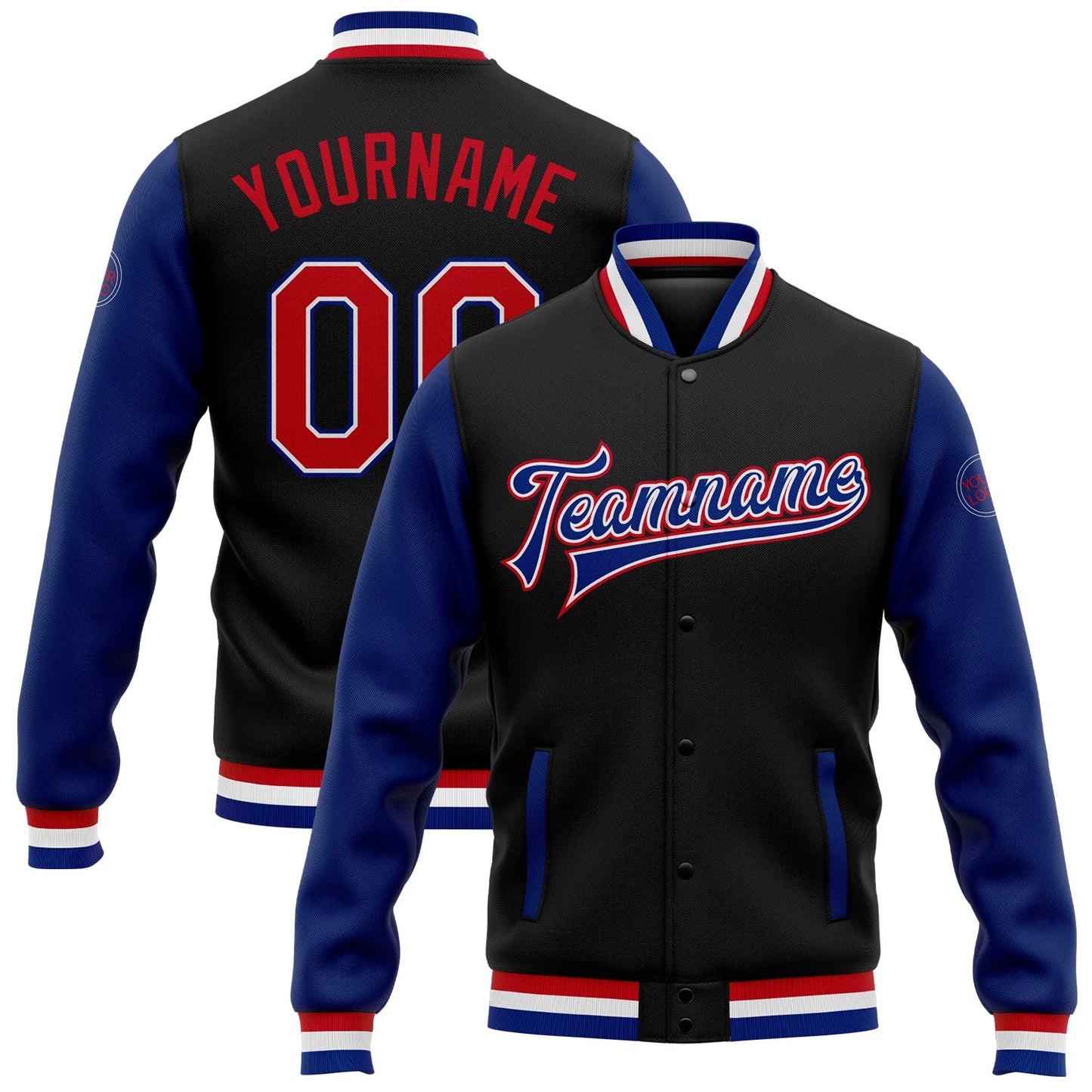 Custom Black Red-Royal Bomber Full-Snap Varsity Letterman Two Tone Jacket - Main View