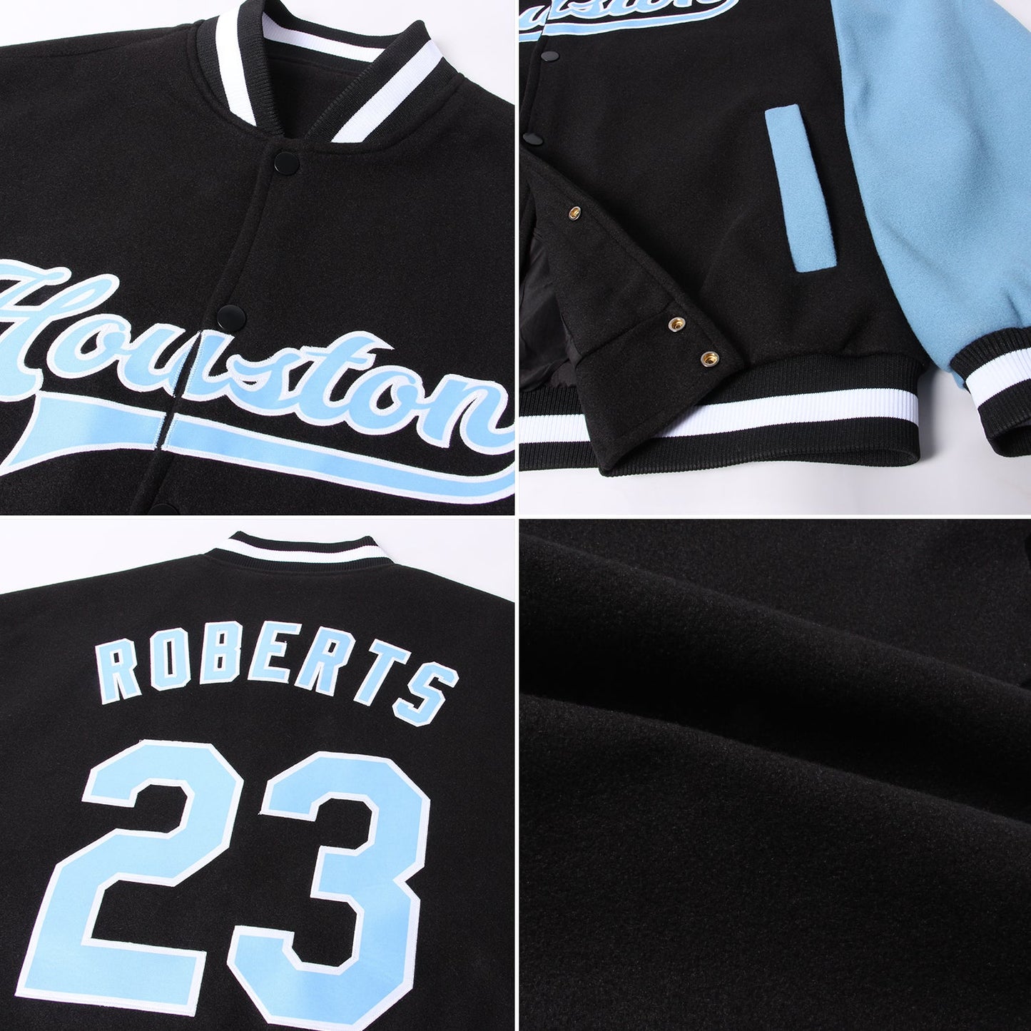 Custom Black Light Blue-White Bomber Full-Snap Varsity Letterman Two Tone Jacket view 4