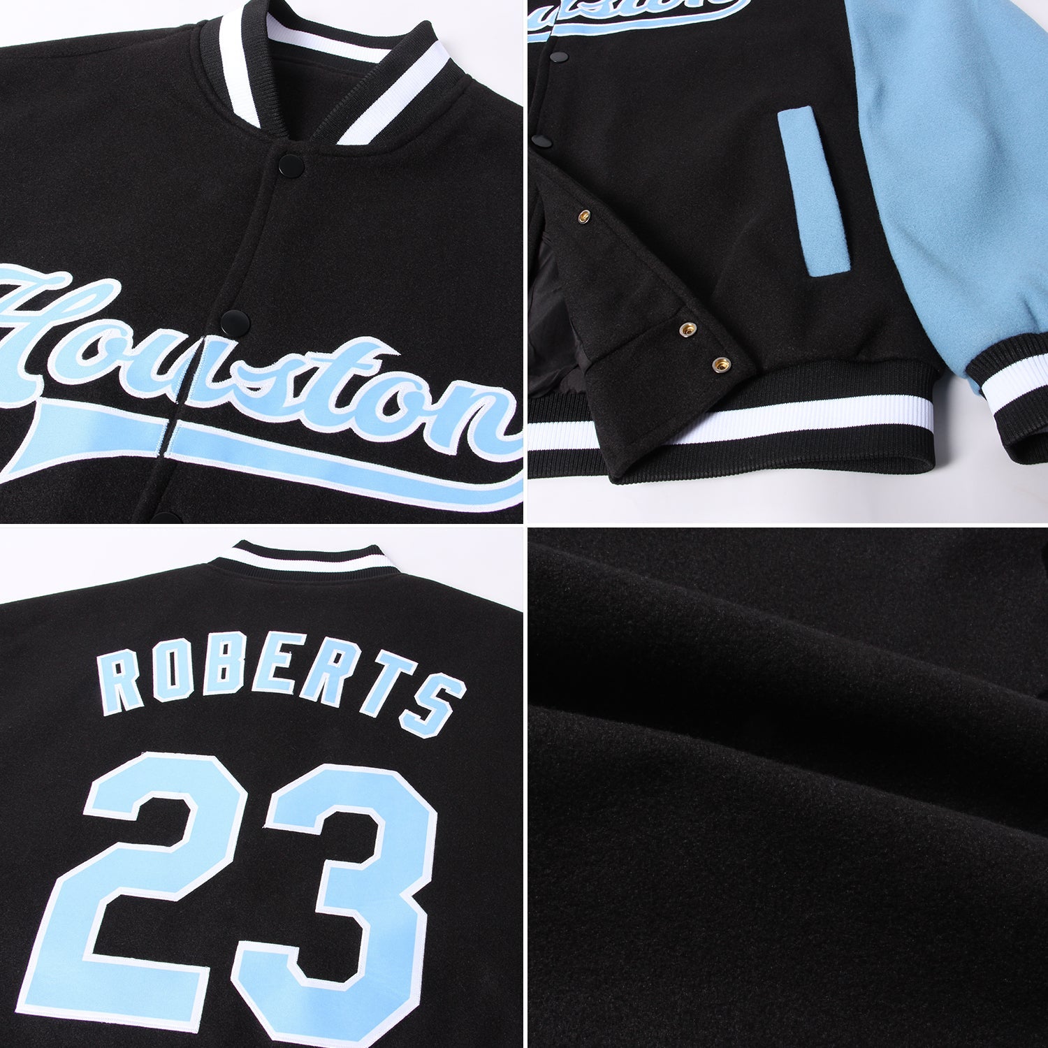 Custom Black Light Blue-White Bomber Full-Snap Varsity Letterman Two Tone Jacket view 4