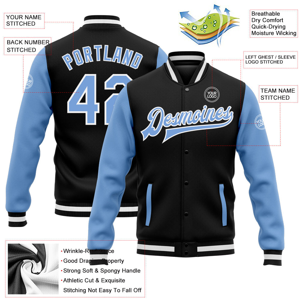 Custom Black Light Blue-White Bomber Full-Snap Varsity Letterman Two Tone Jacket view 5