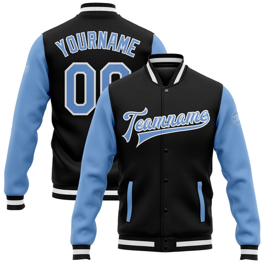 Custom Black Light Blue-White Bomber Full-Snap Varsity Letterman Two Tone Jacket - Main View