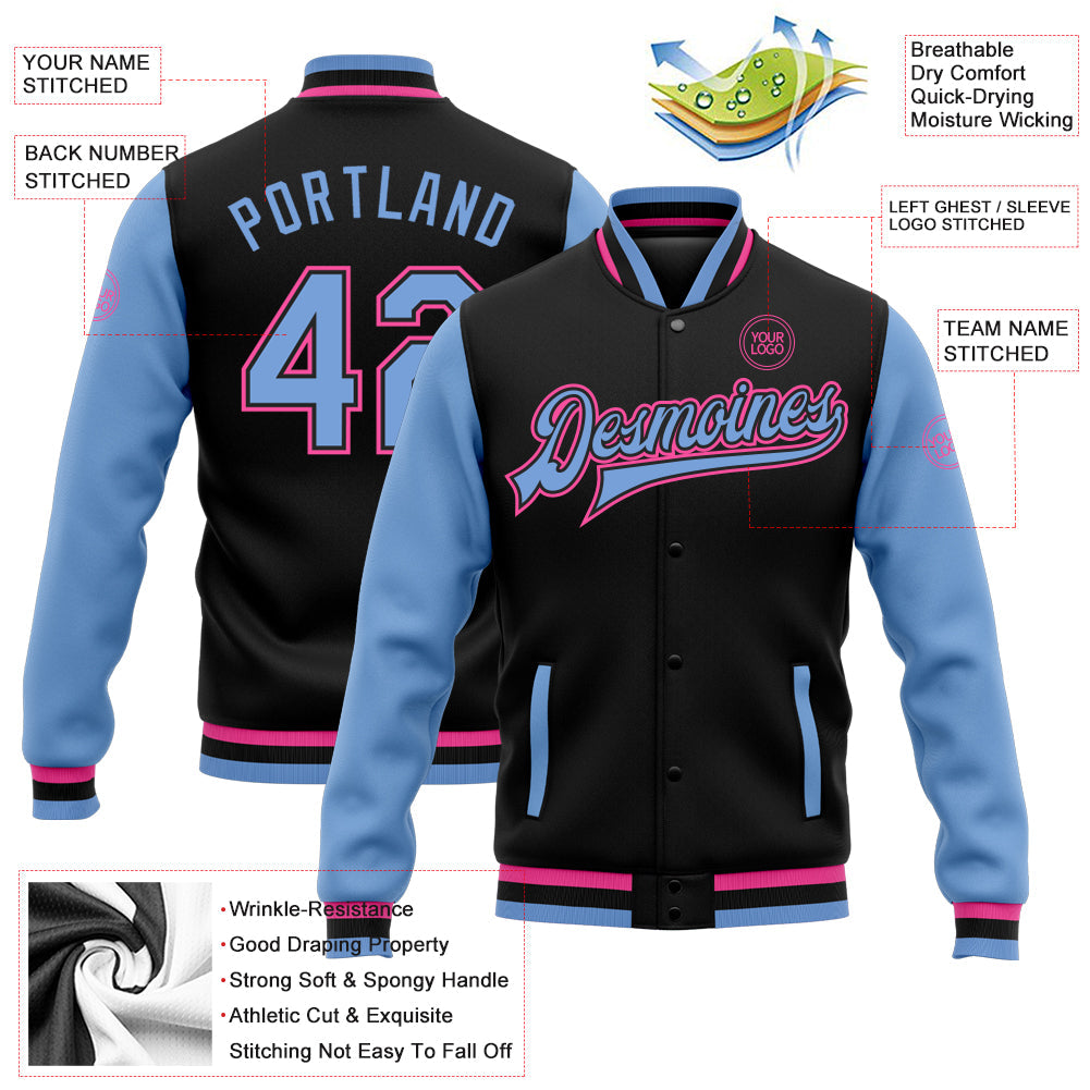 Custom Black Light Blue-Pink Bomber Full-Snap Varsity Letterman Two Tone Jacket view 5