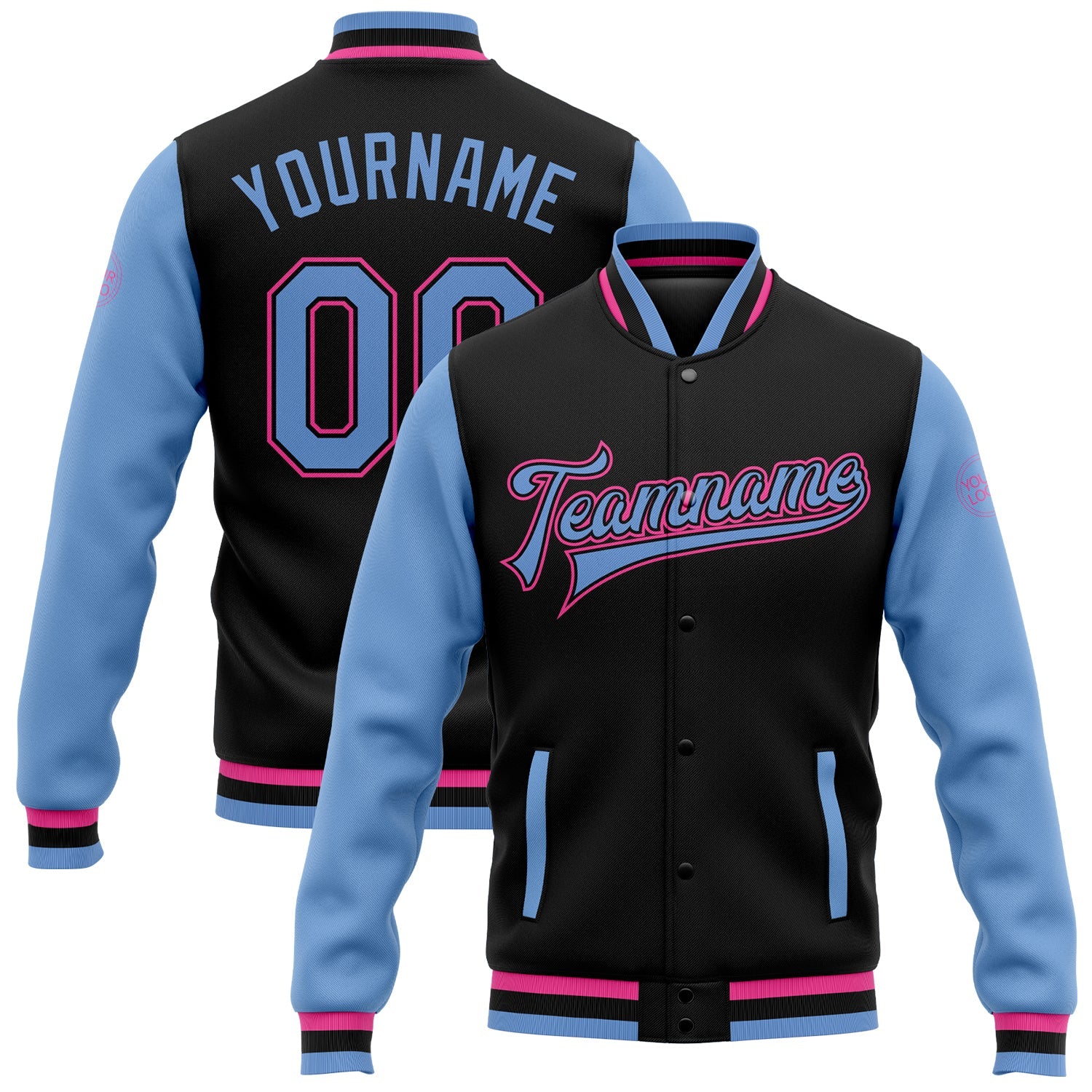 Custom Black Light Blue-Pink Bomber Full-Snap Varsity Letterman Two Tone Jacket - Main View