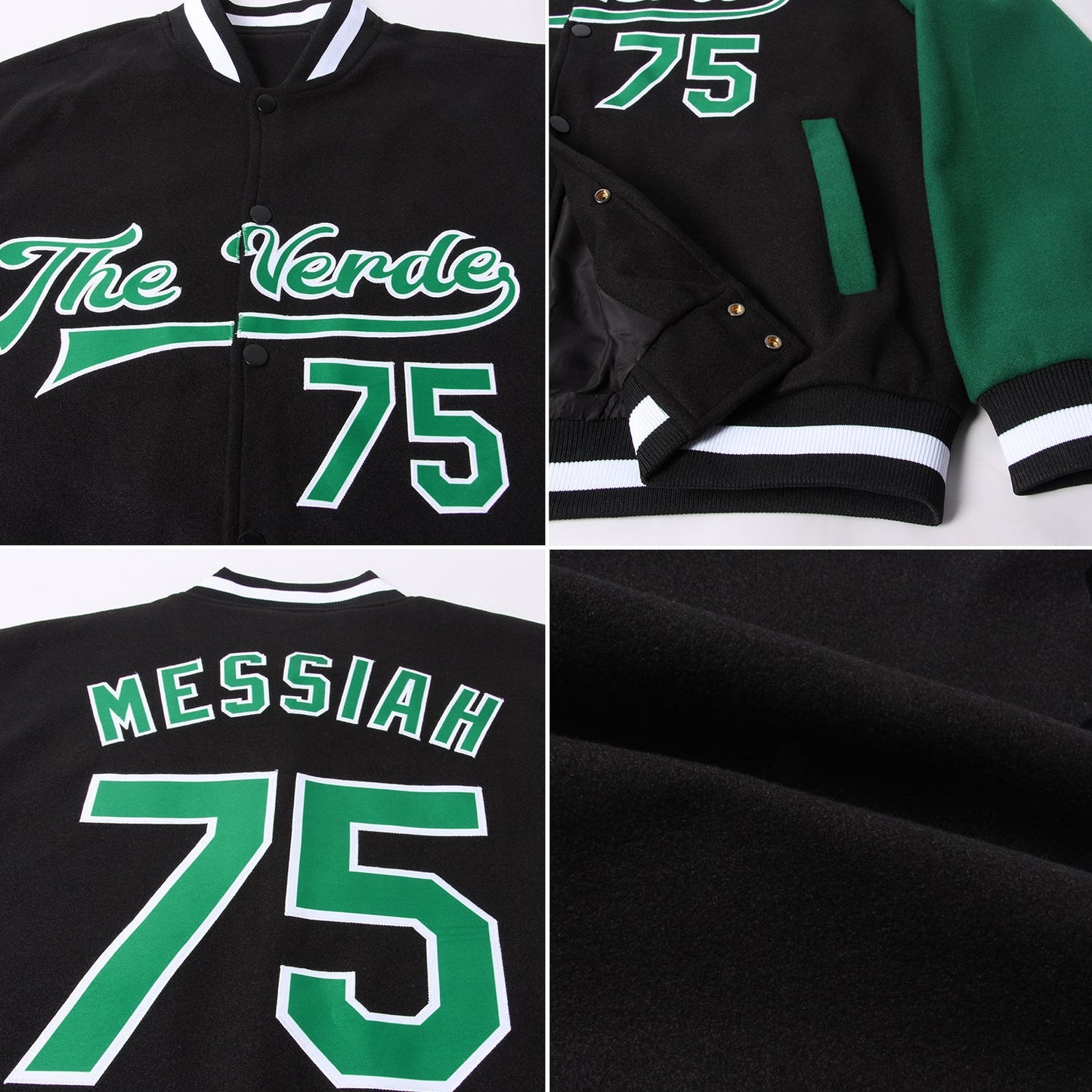 Custom Black Kelly Green-White Bomber Full-Snap Varsity Letterman Two Tone Jacket view 4