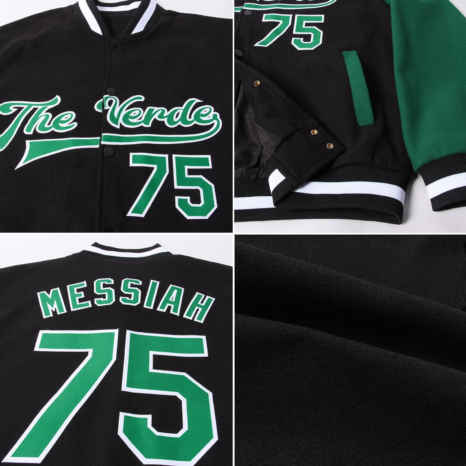 Custom Black Kelly Green-White Bomber Full-Snap Varsity Letterman Two Tone Jacket view 4