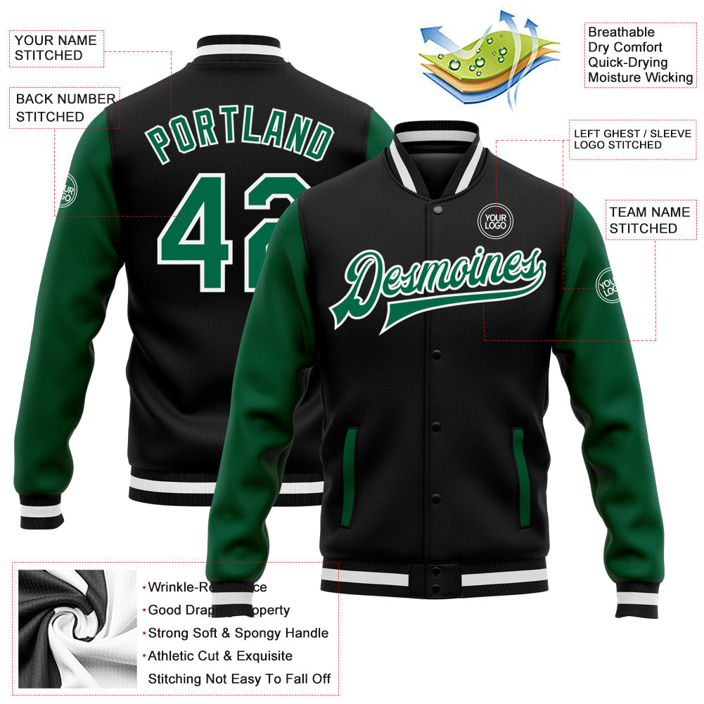 Custom Black Kelly Green-White Bomber Full-Snap Varsity Letterman Two Tone Jacket view 5