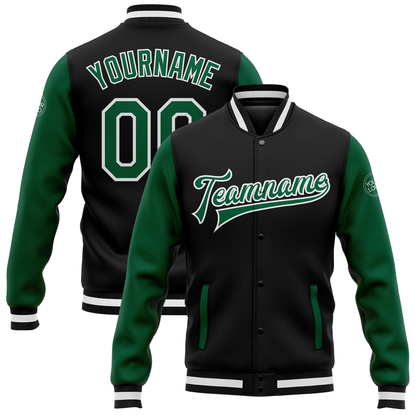 Custom Black Kelly Green-White Bomber Full-Snap Varsity Letterman Two Tone Jacket - Main View