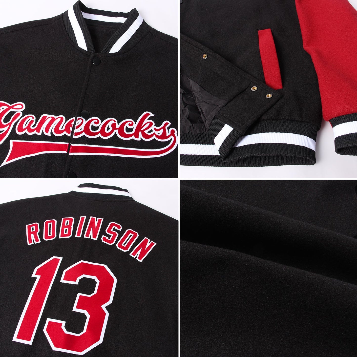 Custom Black Crimson-White Bomber Full-Snap Varsity Letterman Two Tone Jacket view 4