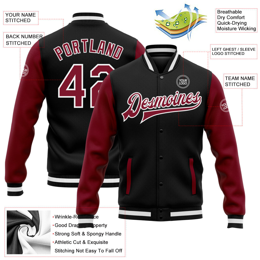 Custom Black Crimson-White Bomber Full-Snap Varsity Letterman Two Tone Jacket view 5
