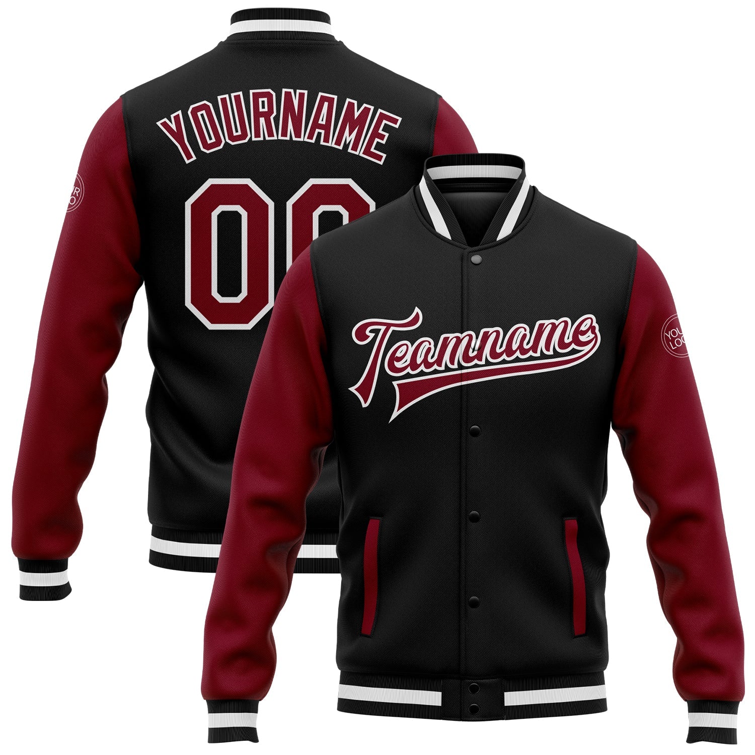 Custom Black Crimson-White Bomber Full-Snap Varsity Letterman Two Tone Jacket - Main View