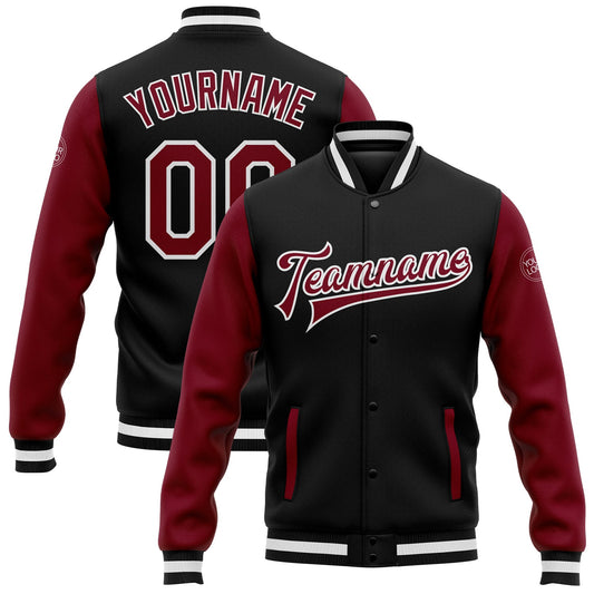 Custom Black Crimson-White Bomber Full-Snap Varsity Letterman Two Tone Jacket - Main View