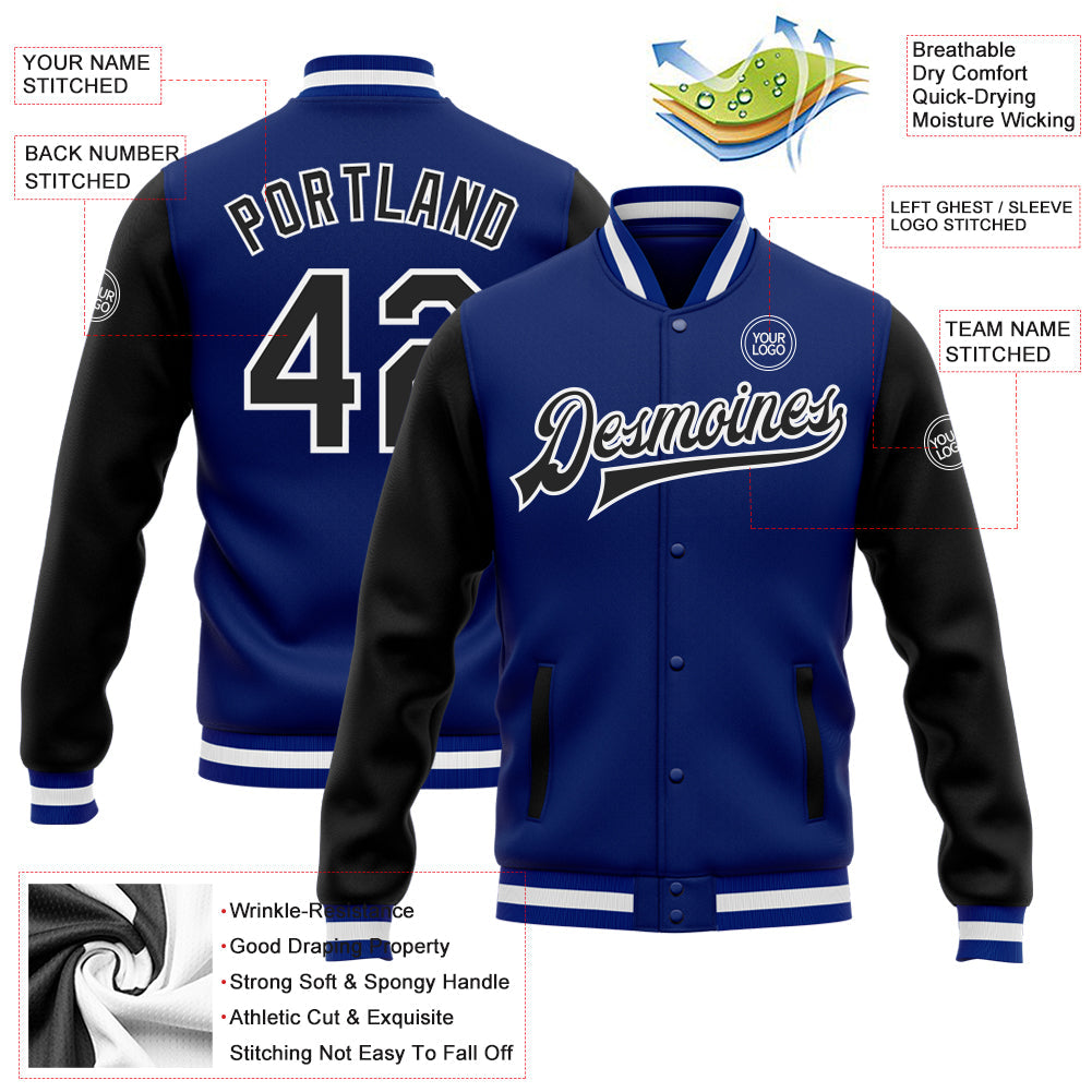 Custom Royal Black-White Bomber Full-Snap Varsity Letterman Two Tone Jacket view 5