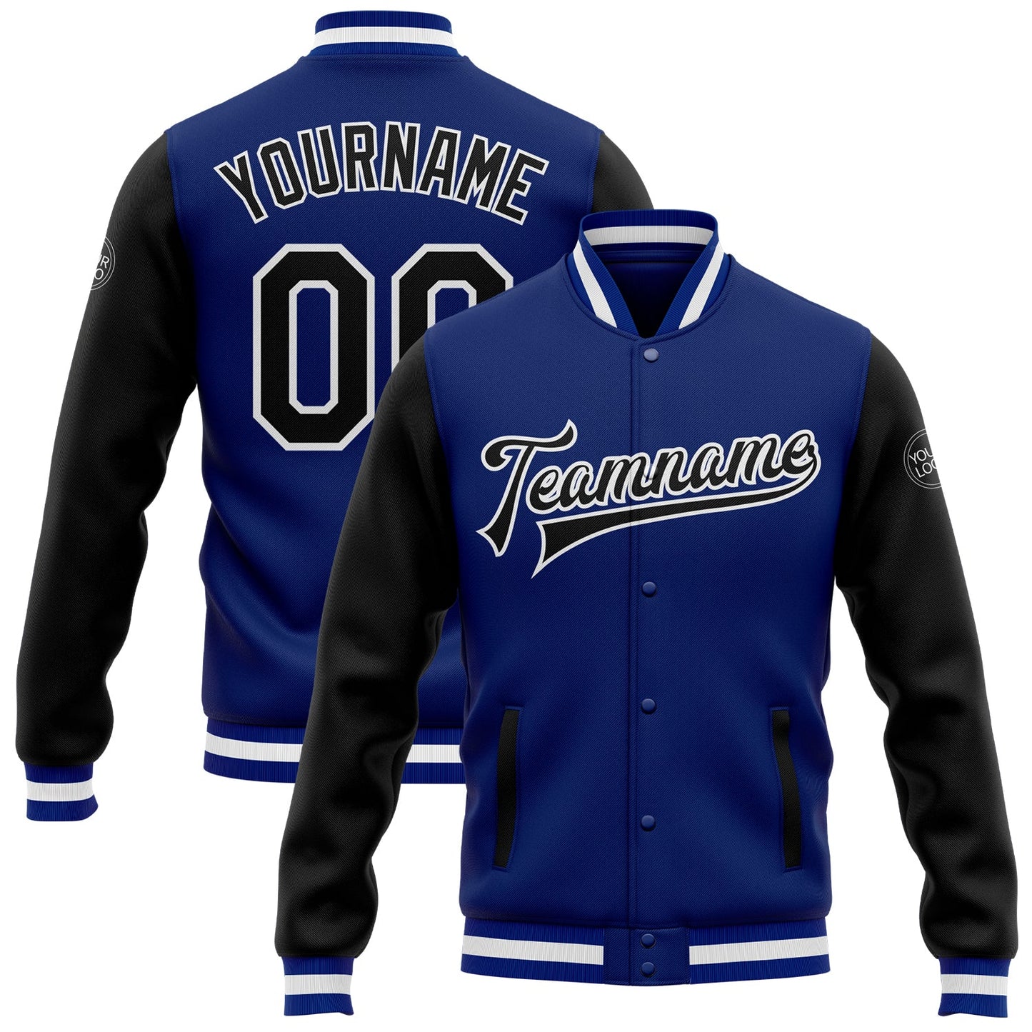 Custom Royal Black-White Bomber Full-Snap Varsity Letterman Two Tone Jacket - Main View