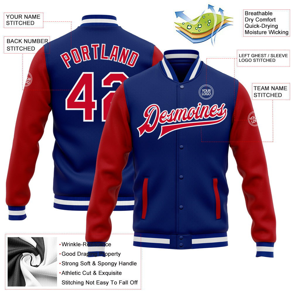 Custom Royal Red-White Bomber Full-Snap Varsity Letterman Two Tone Jacket view 5