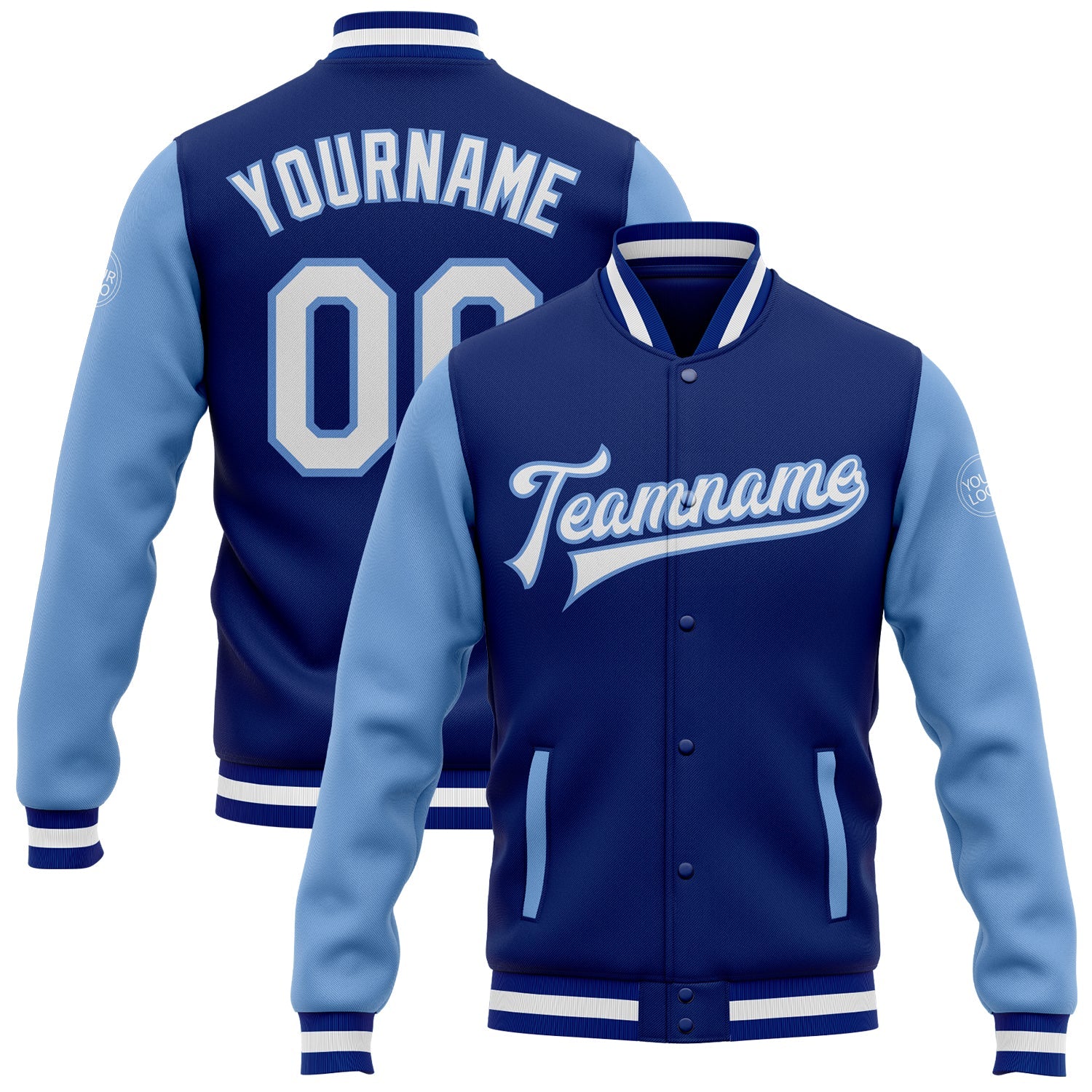 Custom Royal White-Light Blue Bomber Full-Snap Varsity Letterman Two Tone Jacket - Main View