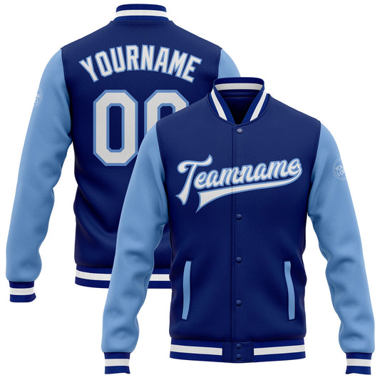 Custom Royal White-Light Blue Bomber Full-Snap Varsity Letterman Two Tone Jacket - Main View