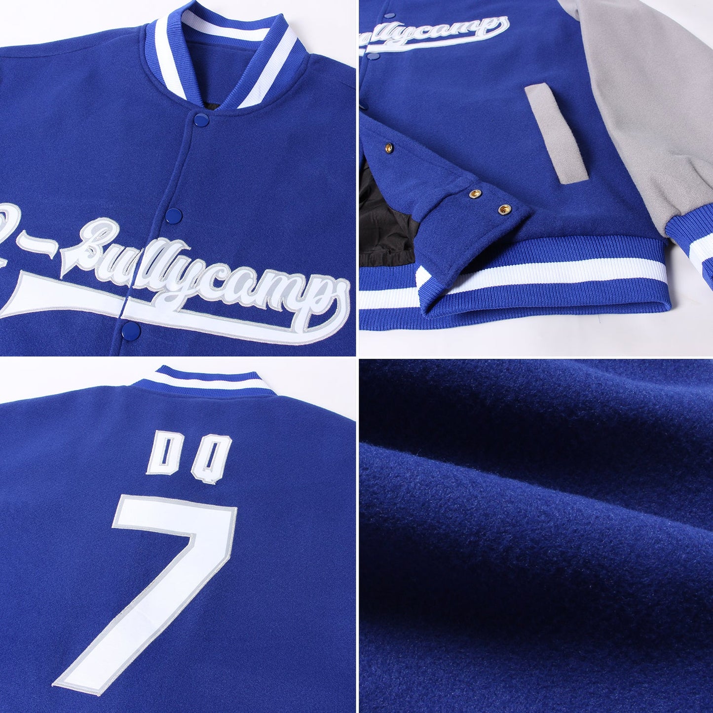 Custom Royal White-Gray Bomber Full-Snap Varsity Letterman Two Tone Jacket view 4