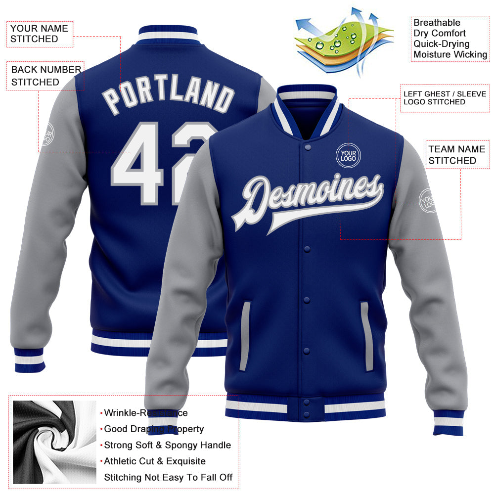 Custom Royal White-Gray Bomber Full-Snap Varsity Letterman Two Tone Jacket view 5