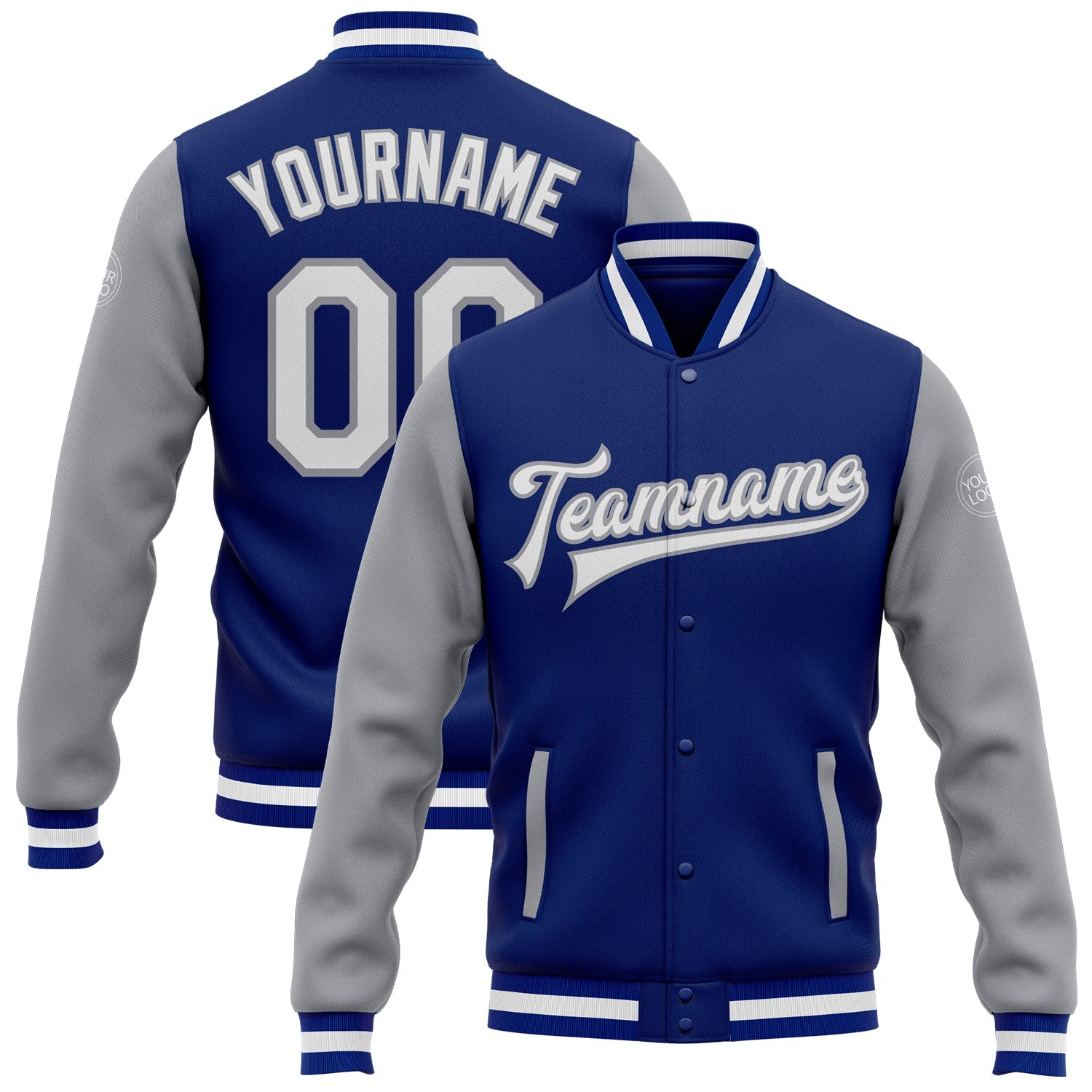 Custom Royal White-Gray Bomber Full-Snap Varsity Letterman Two Tone Jacket - Main View