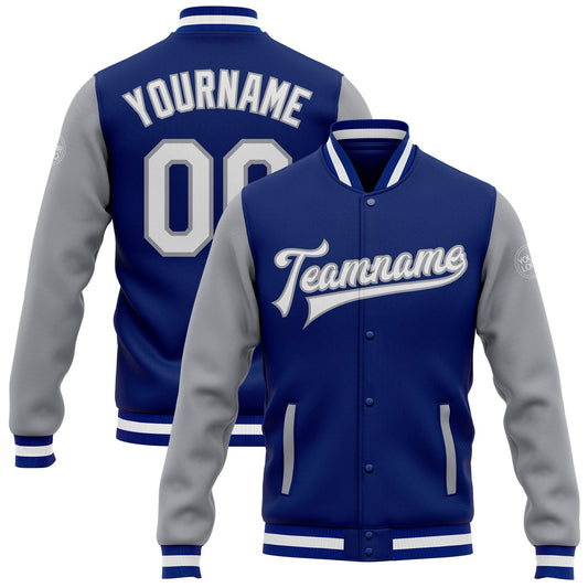 Custom Royal White-Gray Bomber Full-Snap Varsity Letterman Two Tone Jacket - Main View