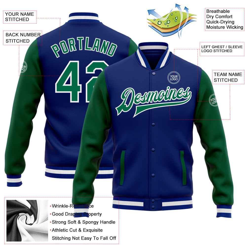 Custom Royal Kelly Green-White Bomber Full-Snap Varsity Letterman Two Tone Jacket view 5