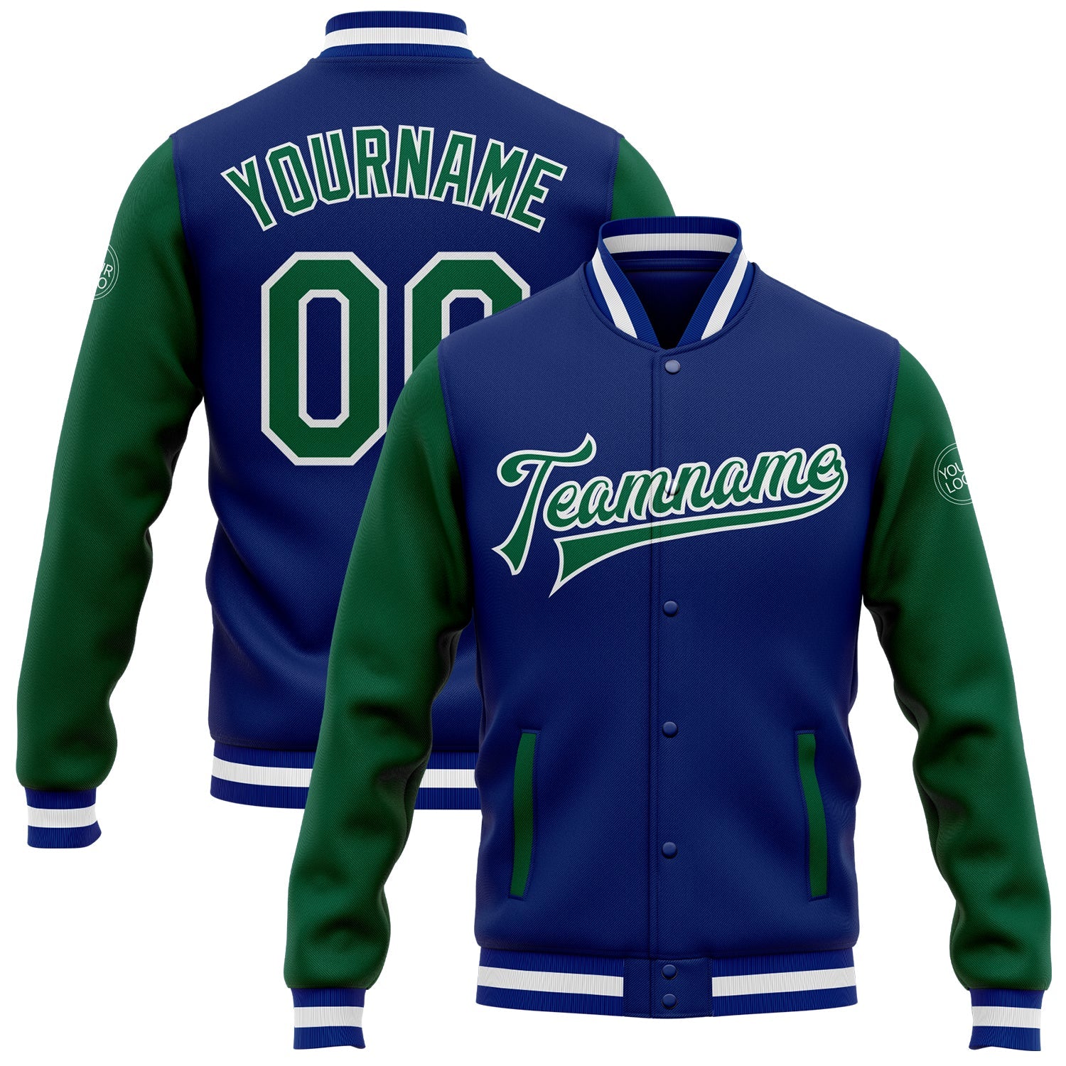 Custom Royal Kelly Green-White Bomber Full-Snap Varsity Letterman Two Tone Jacket - Main View