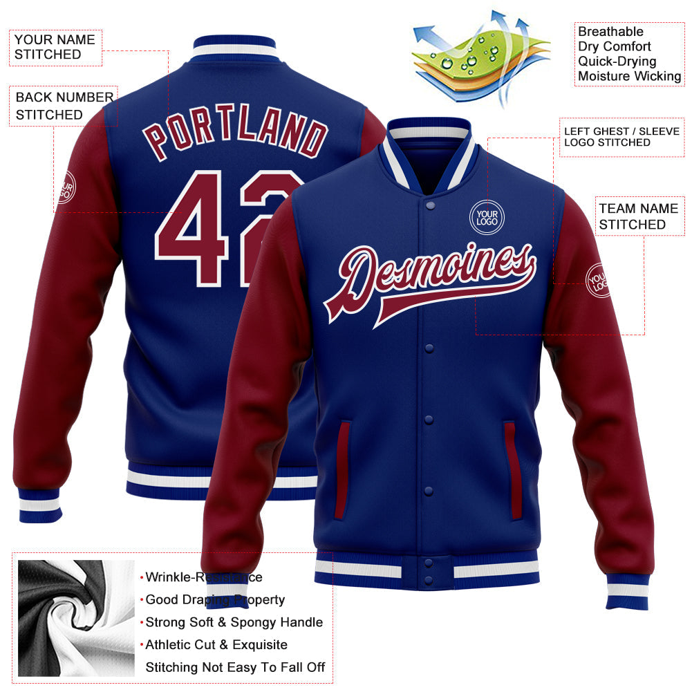 Custom Royal Crimson-White Bomber Full-Snap Varsity Letterman Two Tone Jacket view 5