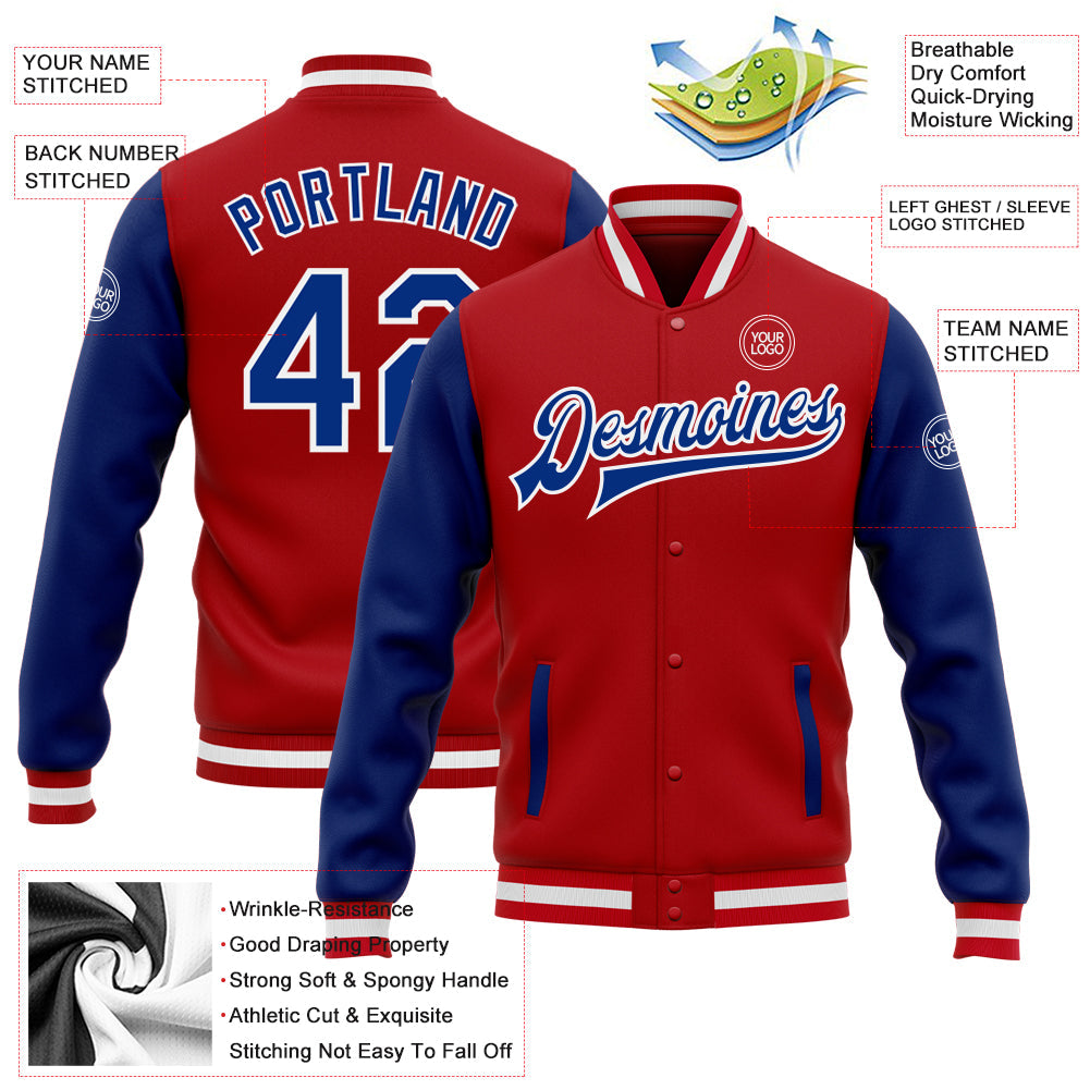 Custom Red Royal-White Bomber Full-Snap Varsity Letterman Two Tone Jacket view 5