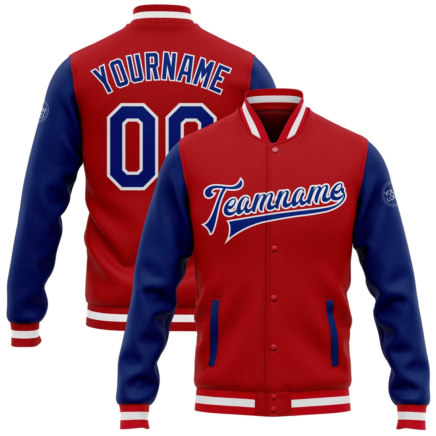 Custom Red Royal-White Bomber Full-Snap Varsity Letterman Two Tone Jacket - Main View