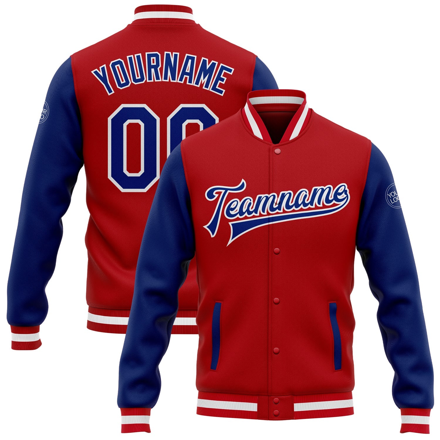 Custom Red Royal-White Bomber Full-Snap Varsity Letterman Two Tone Jacket - Main View