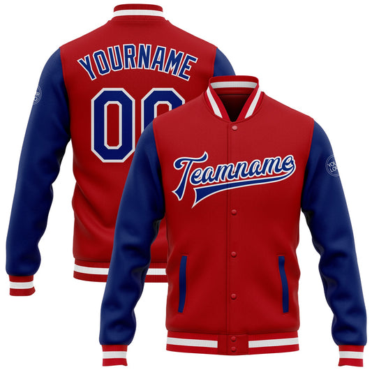 Custom Red Royal-White Bomber Full-Snap Varsity Letterman Two Tone Jacket - Main View