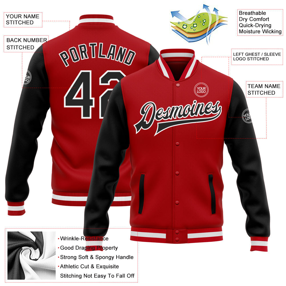 Custom Red Black-White Bomber Full-Snap Varsity Letterman Two Tone Jacket view 5