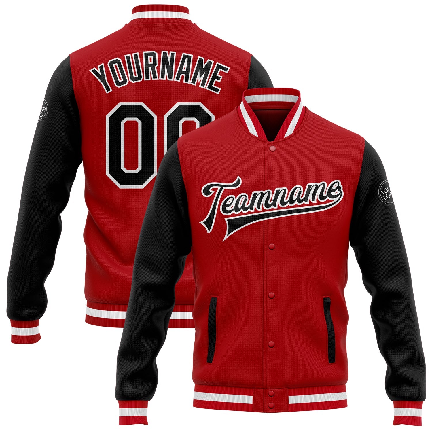 Custom Red Black-White Bomber Full-Snap Varsity Letterman Two Tone Jacket - Main View