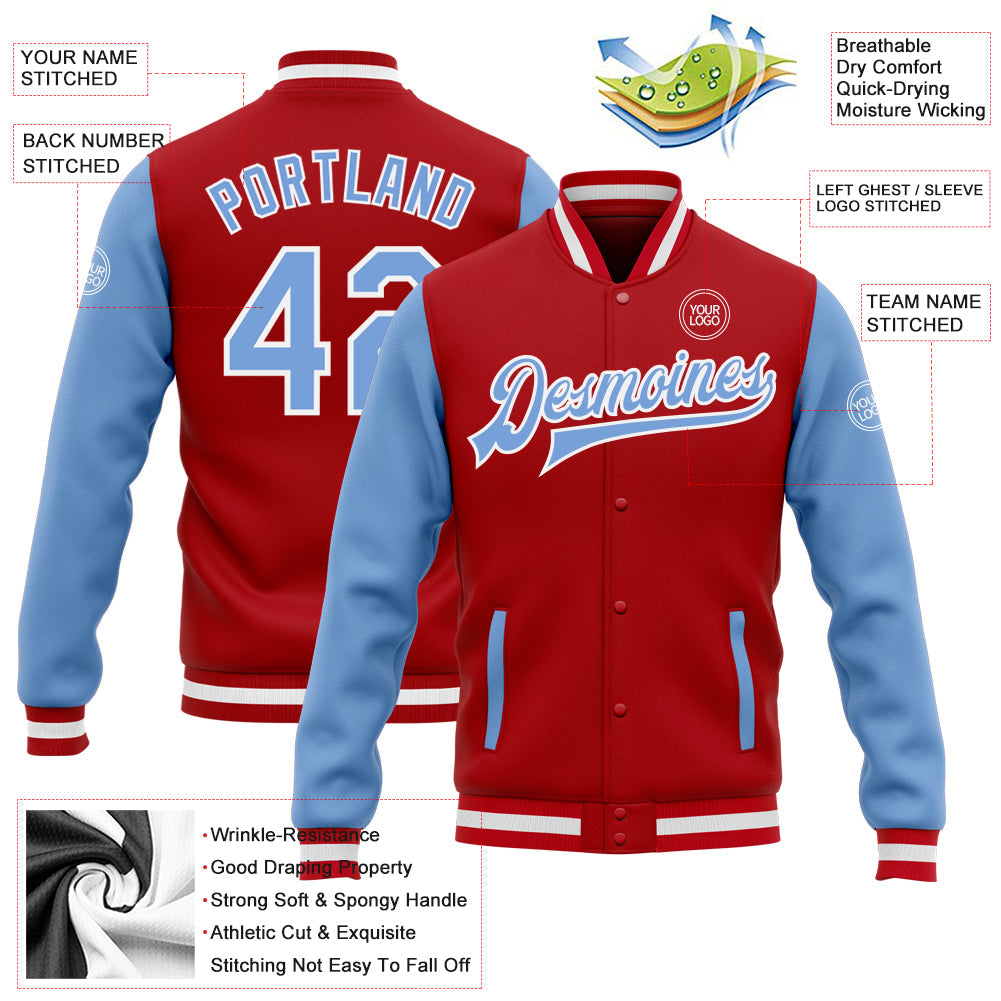 Custom Red Light Blue-White Bomber Full-Snap Varsity Letterman Two Tone Jacket view 5