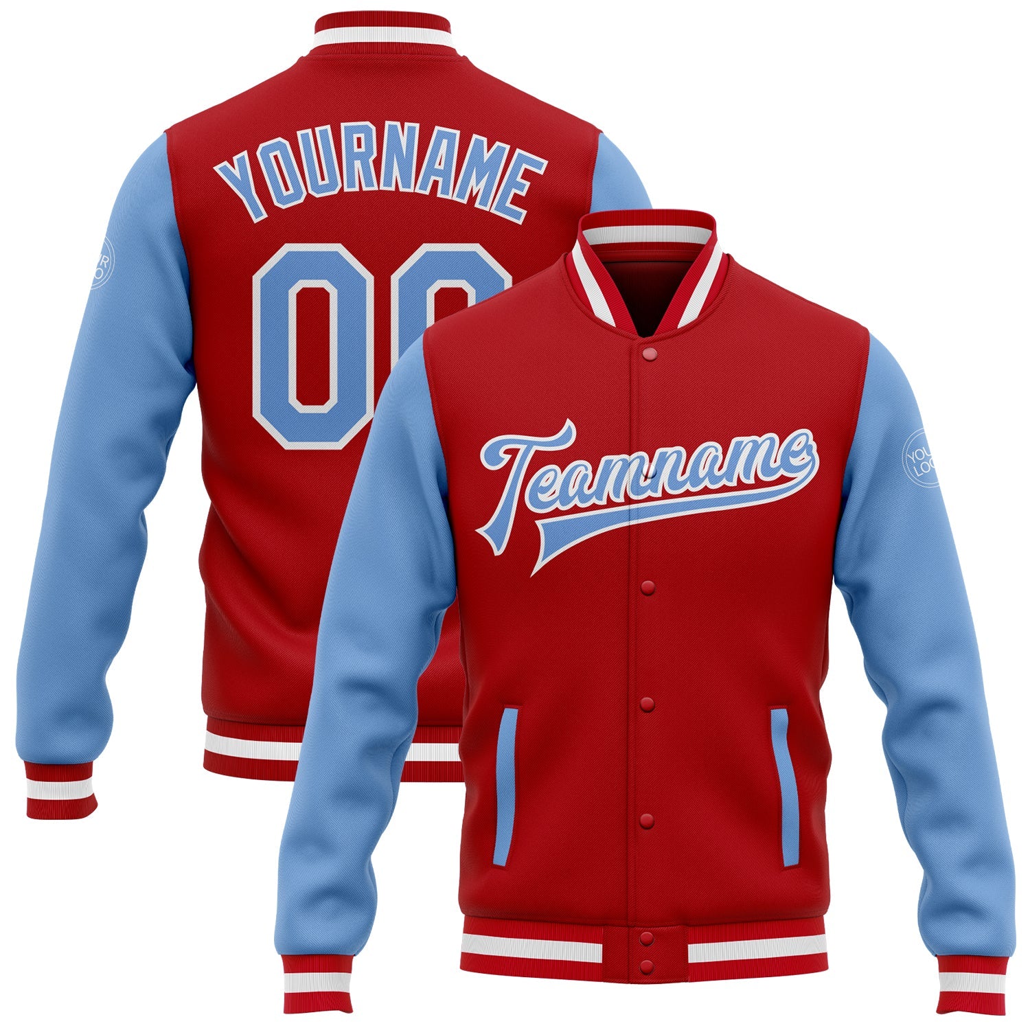 Custom Red Light Blue-White Bomber Full-Snap Varsity Letterman Two Tone Jacket - Main View