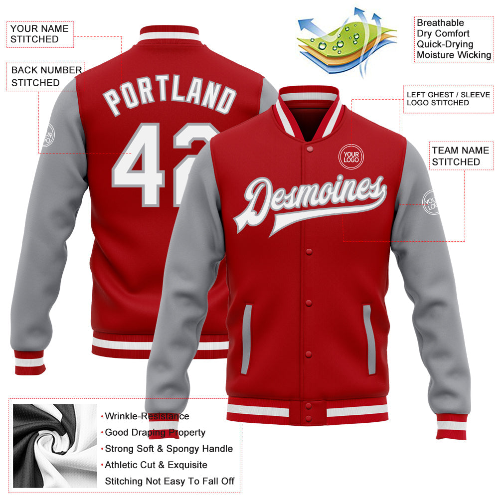Custom Red White-Gray Bomber Full-Snap Varsity Letterman Two Tone Jacket view 5
