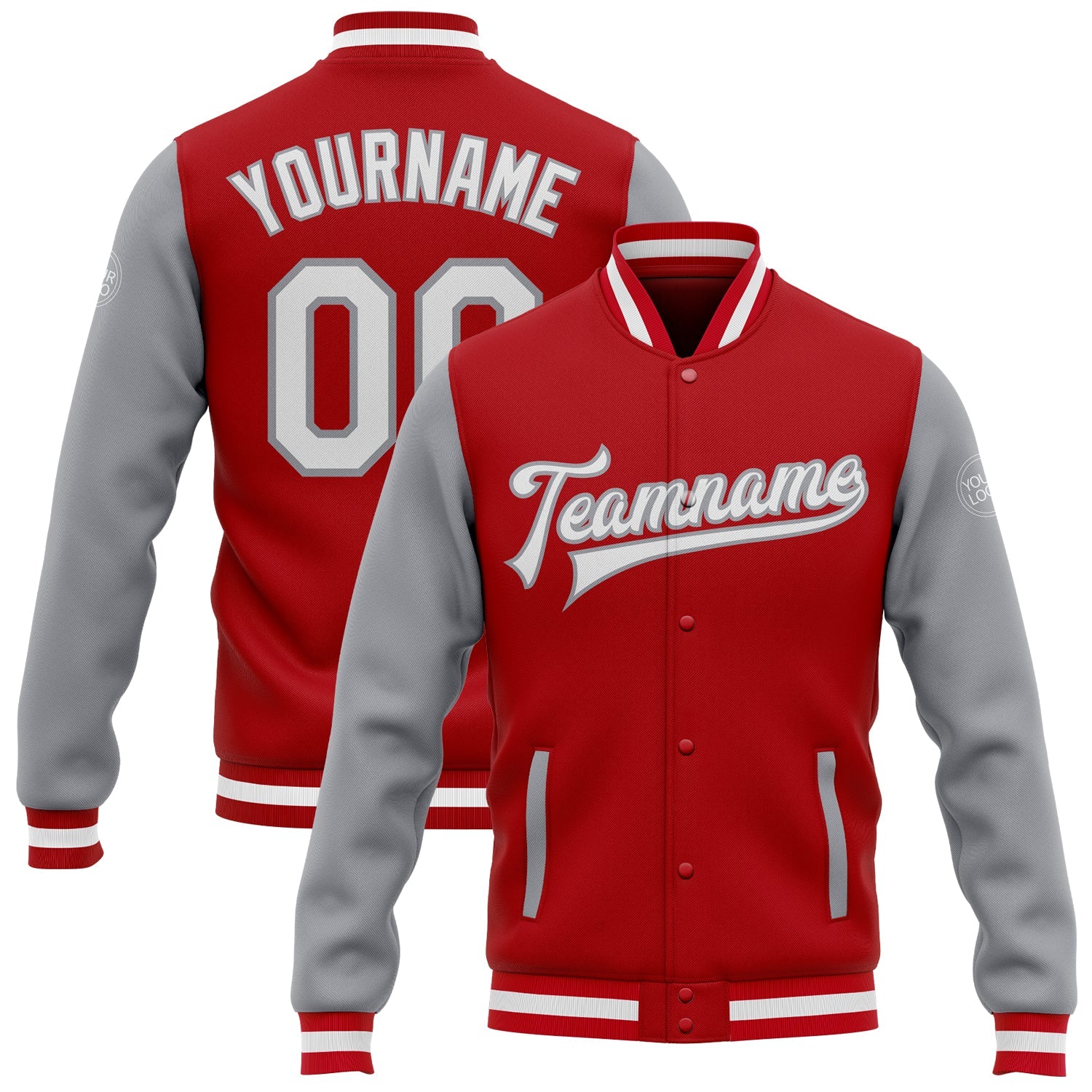 Custom Red White-Gray Bomber Full-Snap Varsity Letterman Two Tone Jacket - Main View