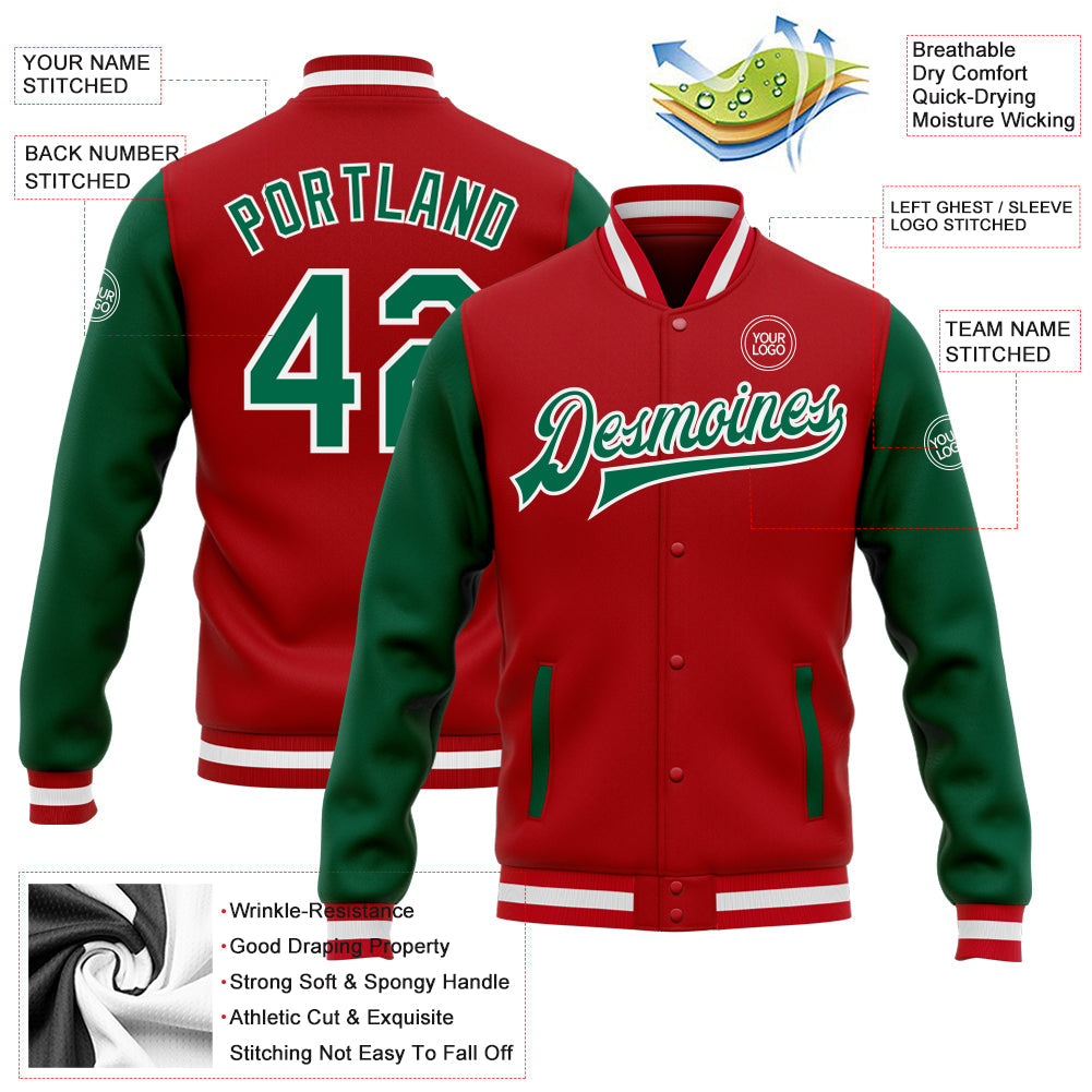 Custom Red Kelly Green-White Bomber Full-Snap Varsity Letterman Two Tone Jacket view 5