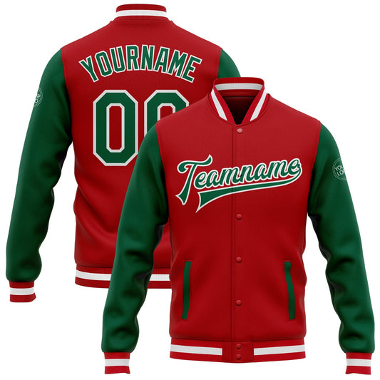 Custom Red Kelly Green-White Bomber Full-Snap Varsity Letterman Two Tone Jacket - Main View