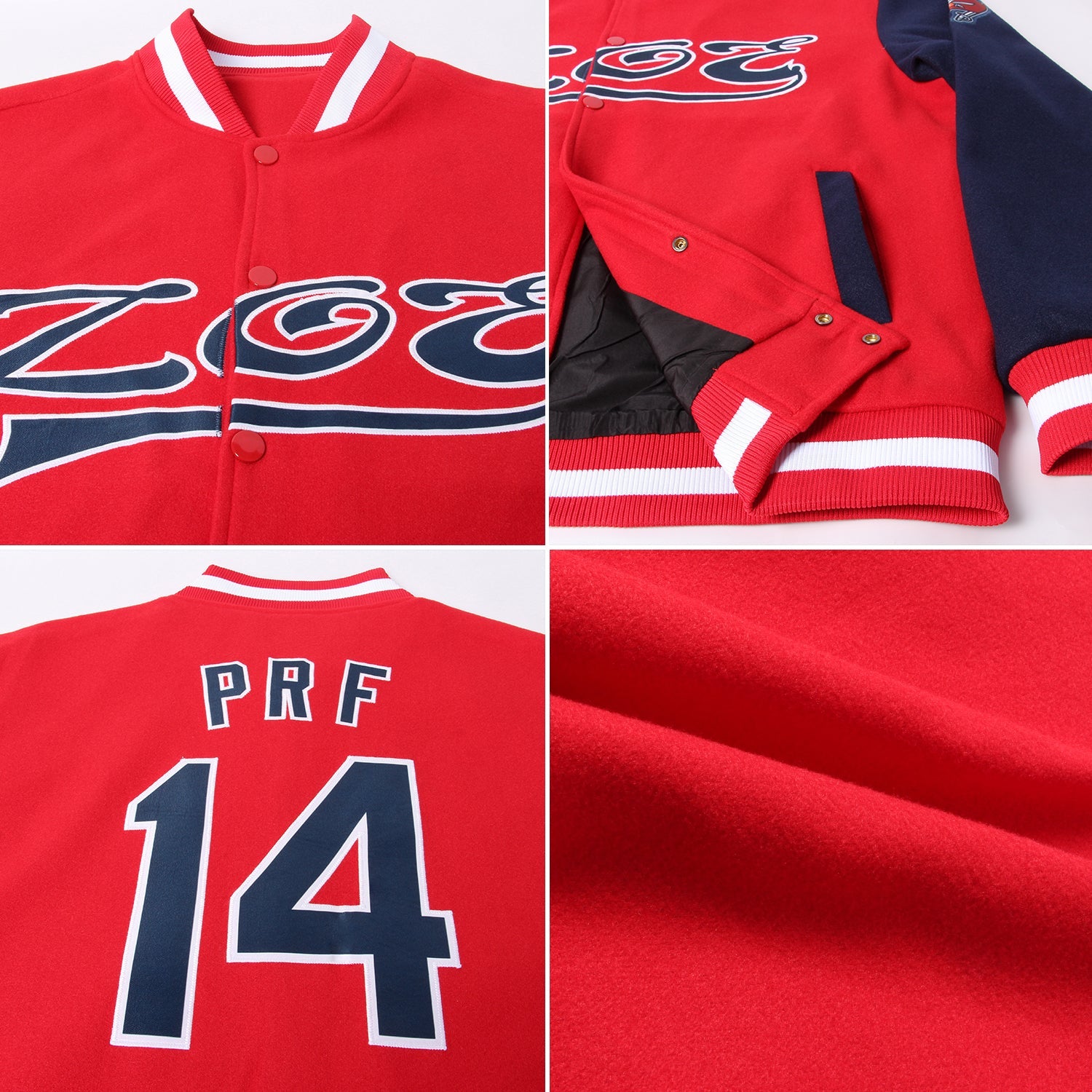 Custom Red Navy-White Bomber Full-Snap Varsity Letterman Two Tone Jacket view 4