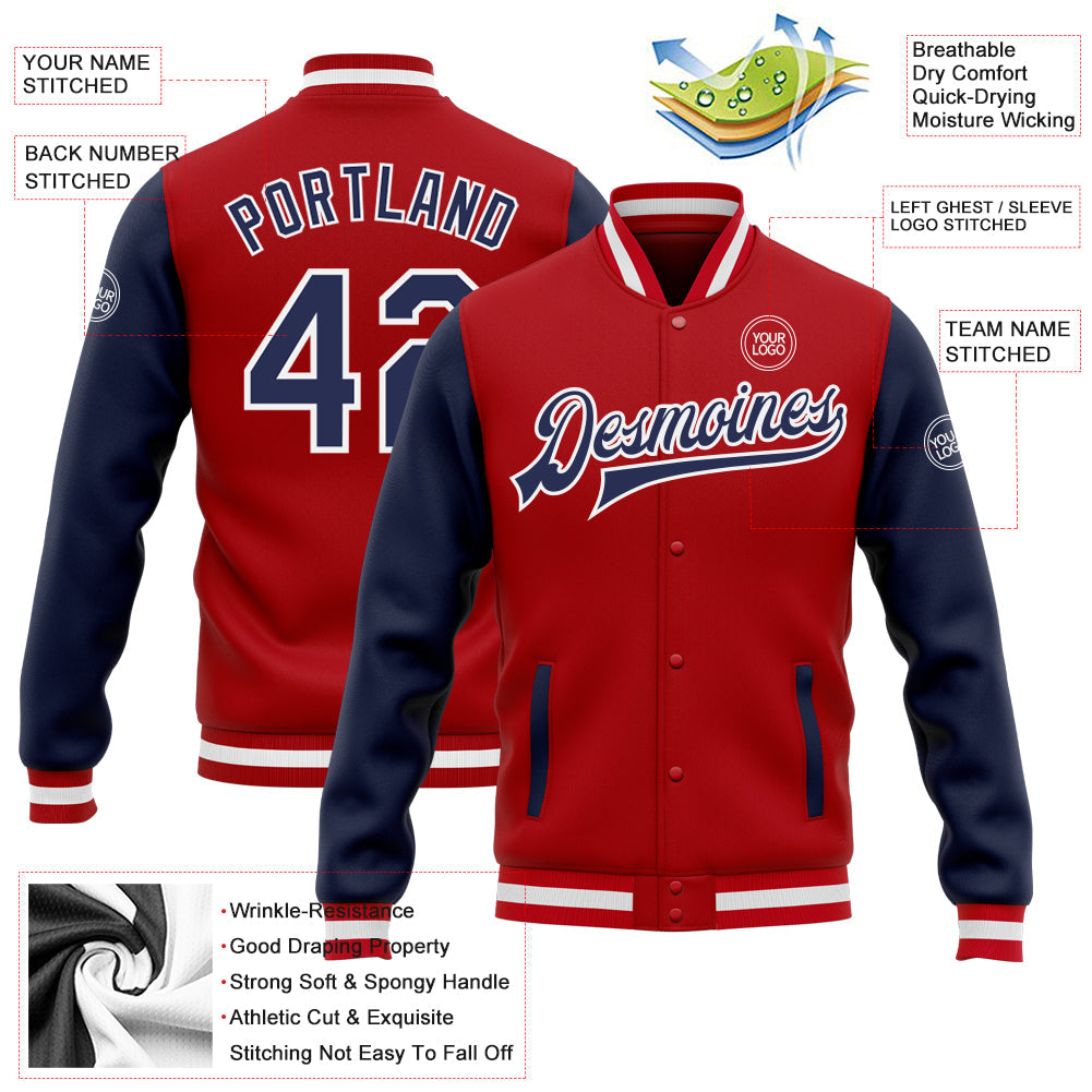 Custom Red Navy-White Bomber Full-Snap Varsity Letterman Two Tone Jacket view 5