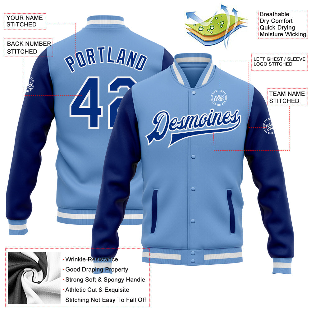 Custom Light Blue Royal-White Bomber Full-Snap Varsity Letterman Two Tone Jacket view 5