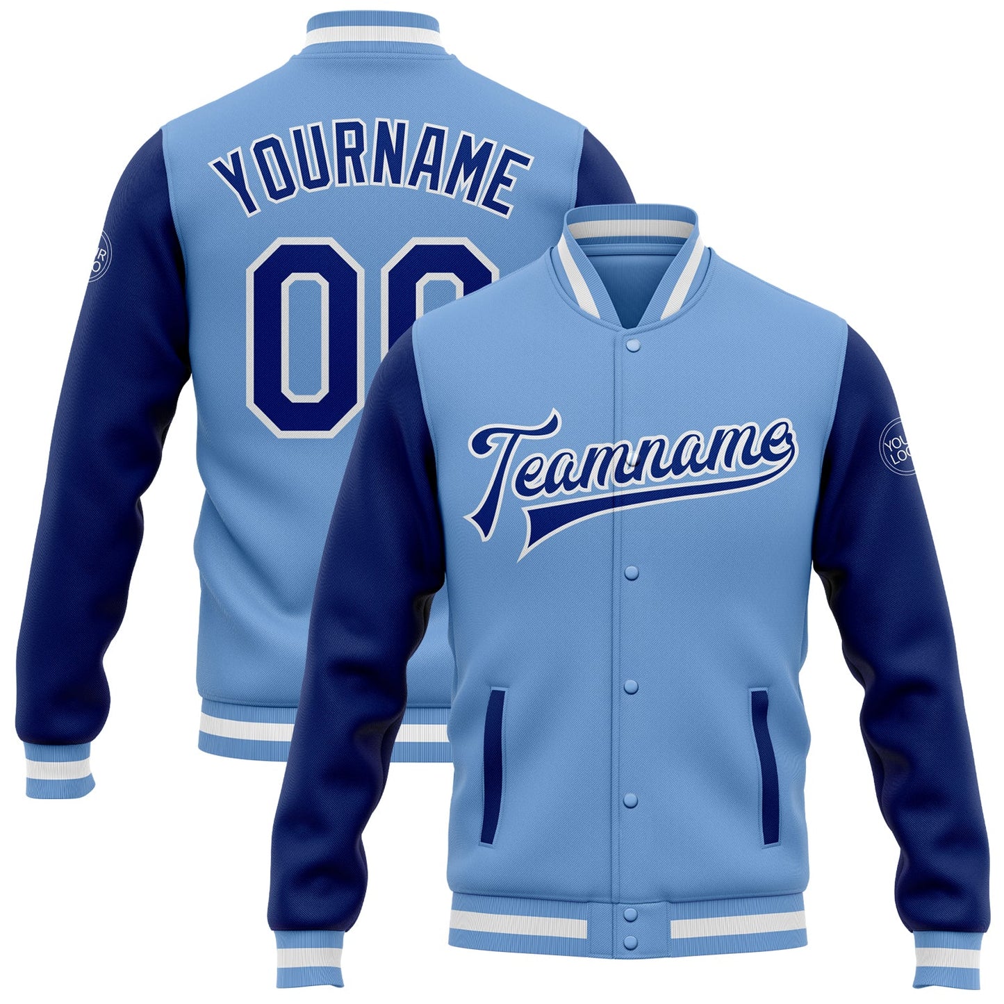 Custom Light Blue Royal-White Bomber Full-Snap Varsity Letterman Two Tone Jacket - Main View