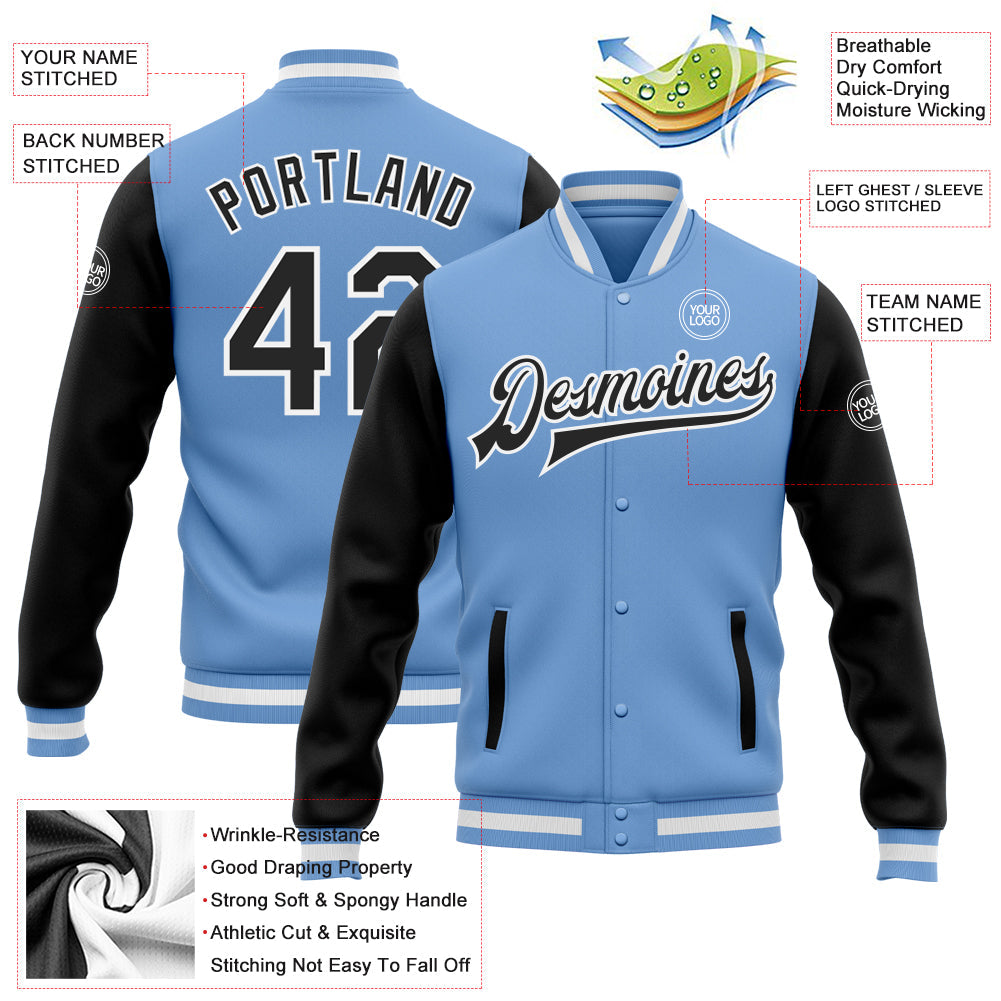 Custom Light Blue Black-White Bomber Full-Snap Varsity Letterman Two Tone Jacket view 5