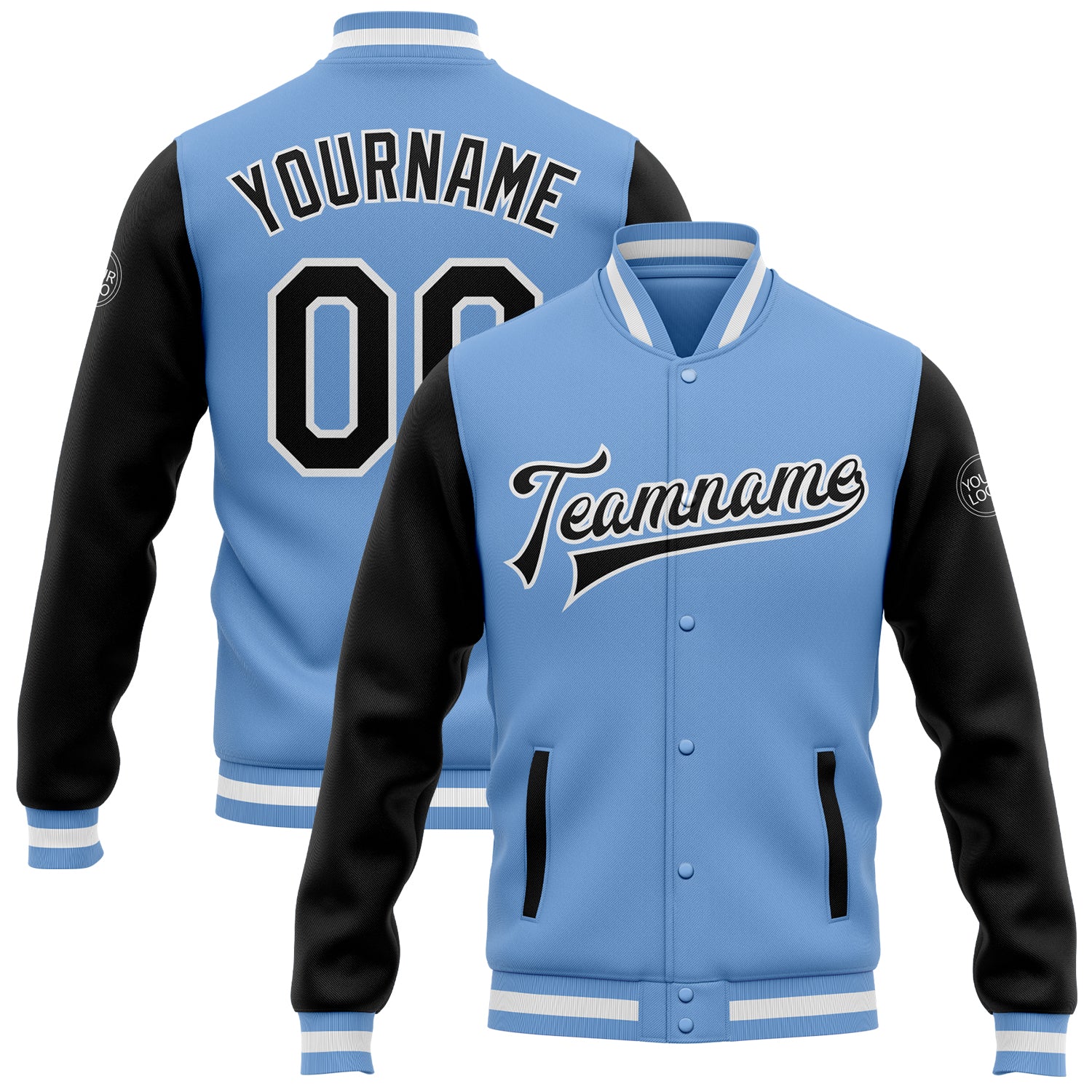 Custom Light Blue Black-White Bomber Full-Snap Varsity Letterman Two Tone Jacket - Main View