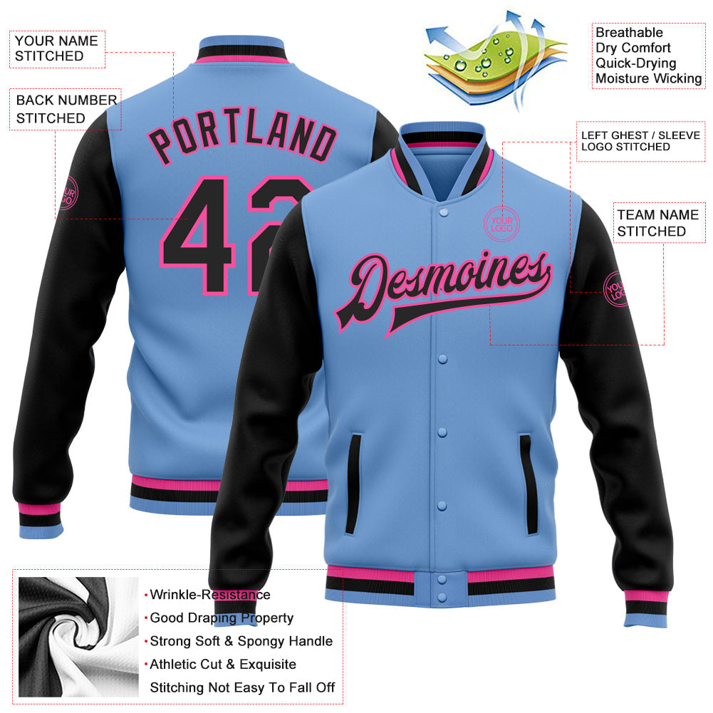 Custom Light Blue Black-Pink Bomber Full-Snap Varsity Letterman Two Tone Jacket view 5