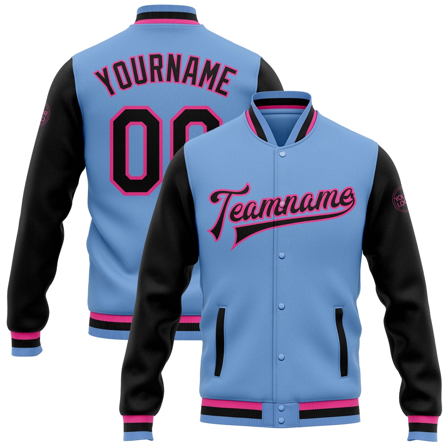 Custom Light Blue Black-Pink Bomber Full-Snap Varsity Letterman Two Tone Jacket - Main View