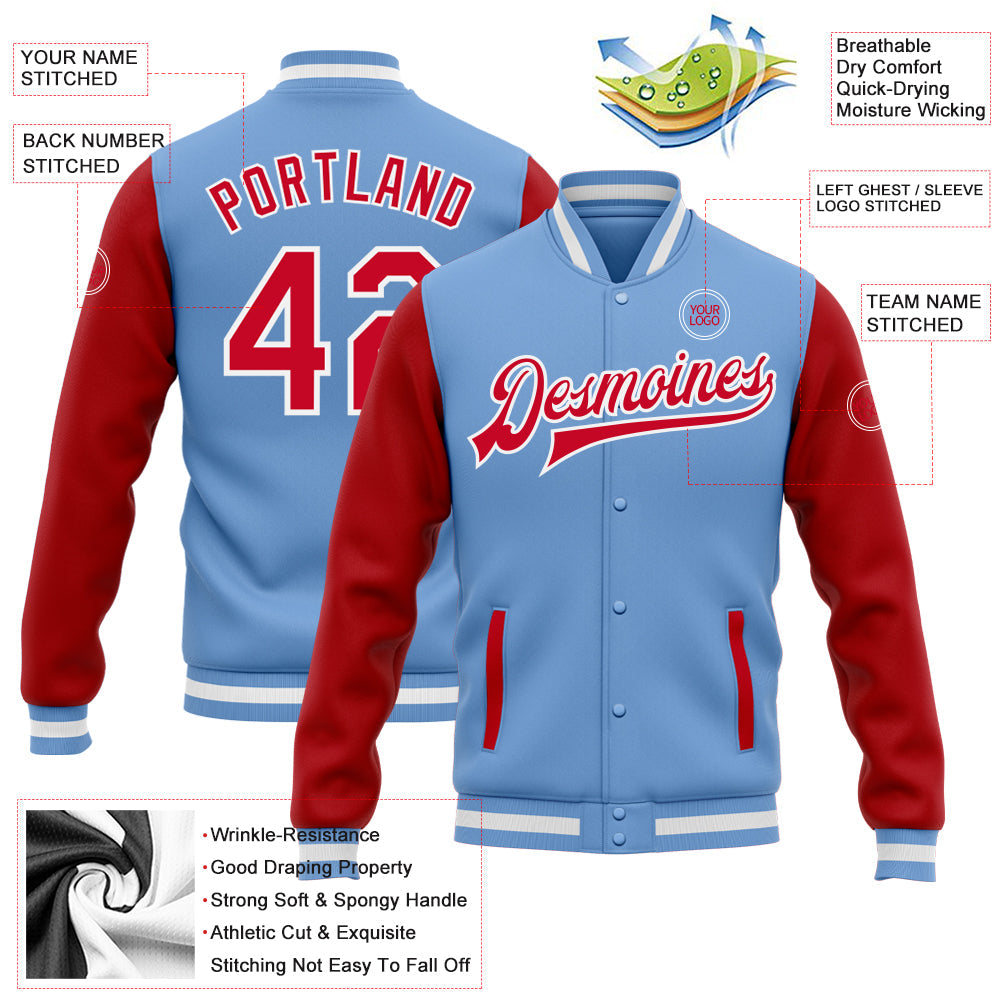 Custom Light Blue Red-White Bomber Full-Snap Varsity Letterman Two Tone Jacket view 5