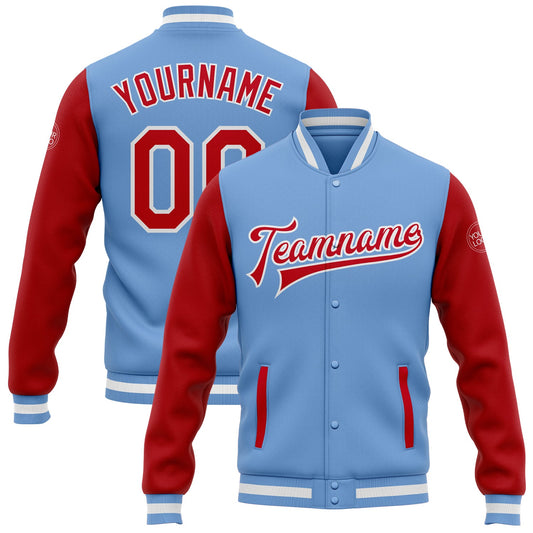 Custom Light Blue Red-White Bomber Full-Snap Varsity Letterman Two Tone Jacket - Main View
